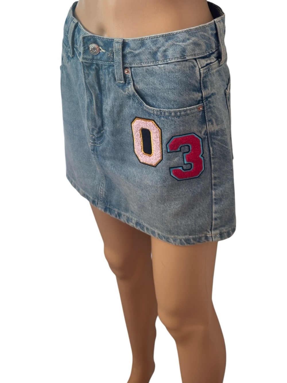 Patch Denim Mini Skirt - Blue with Pink & Red Accents